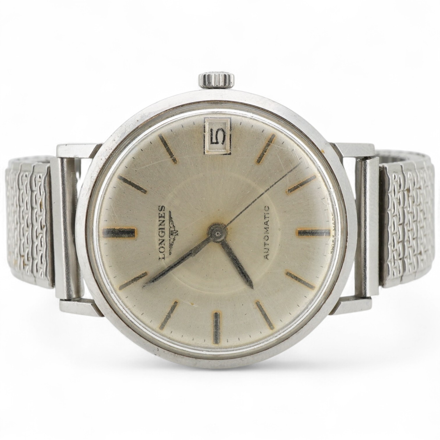 Longines, a stainless steel automatic wristwatch, ref.7844-3, 1960s, circular brushed silvered dial with baton indicators and date wheel aperture, dial and movement signed Longines, case back interior signed Longines, nu